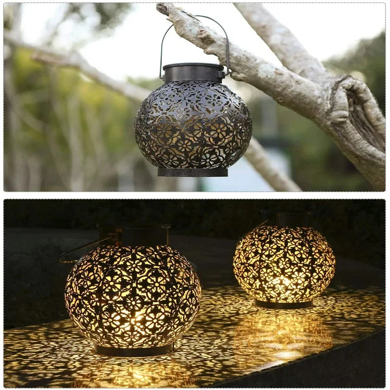 Solar LED Hanging Lantern with Cut-Out Iron Design, 9 in