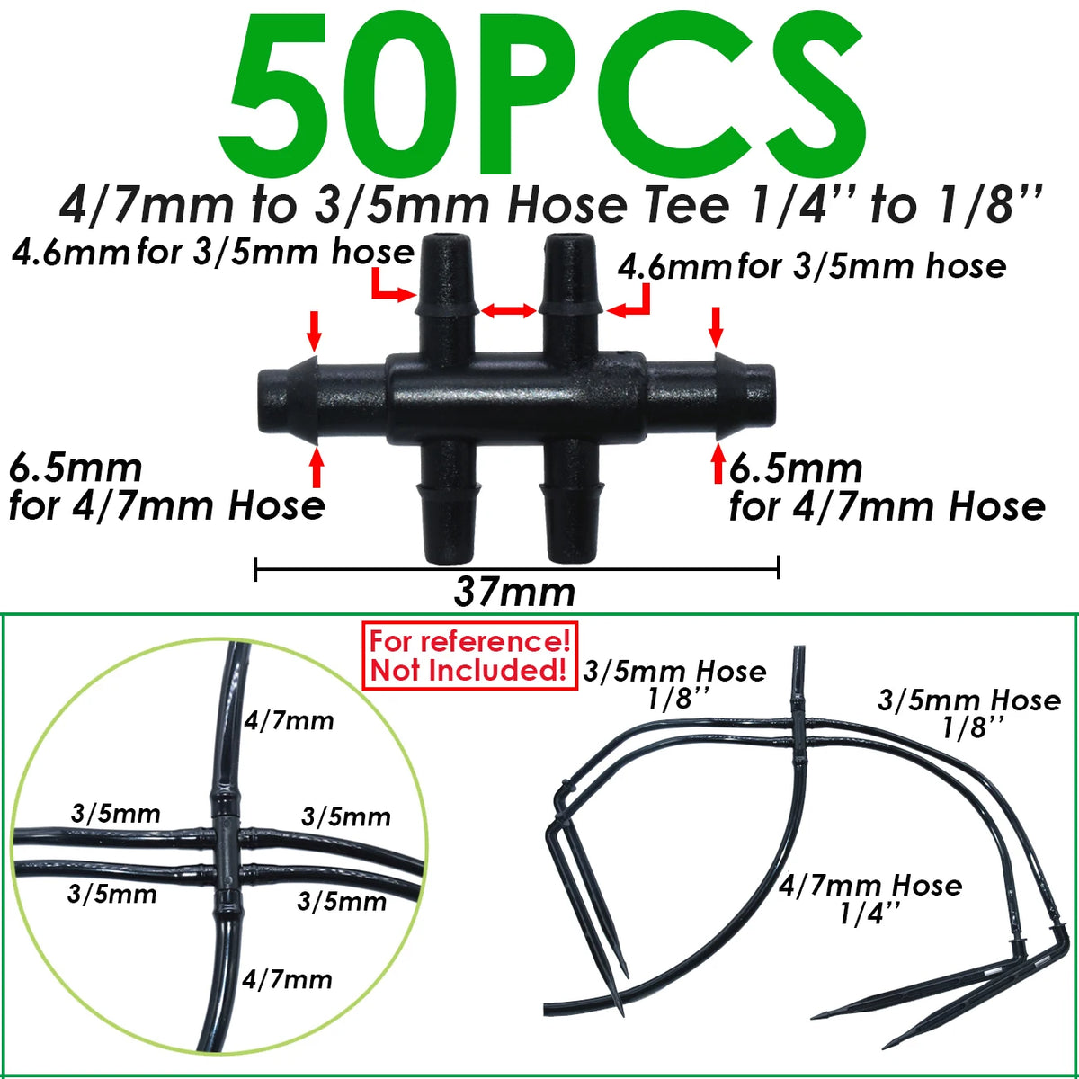 50pcs 1/8'' Barbed 3-Way Tee Connector for 3/5mm Micro Drip Irrigation Tubing Hose Couplings Watering Pipe Garden Tools