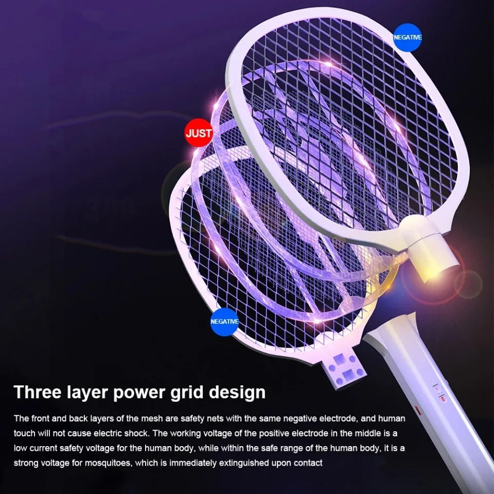 Handheld Electric Fly Swatter, Bug Zapper Racket, 2 in 1, USB Rechargeable, Mosquito Killer Lamp, Pest Control, 3000V