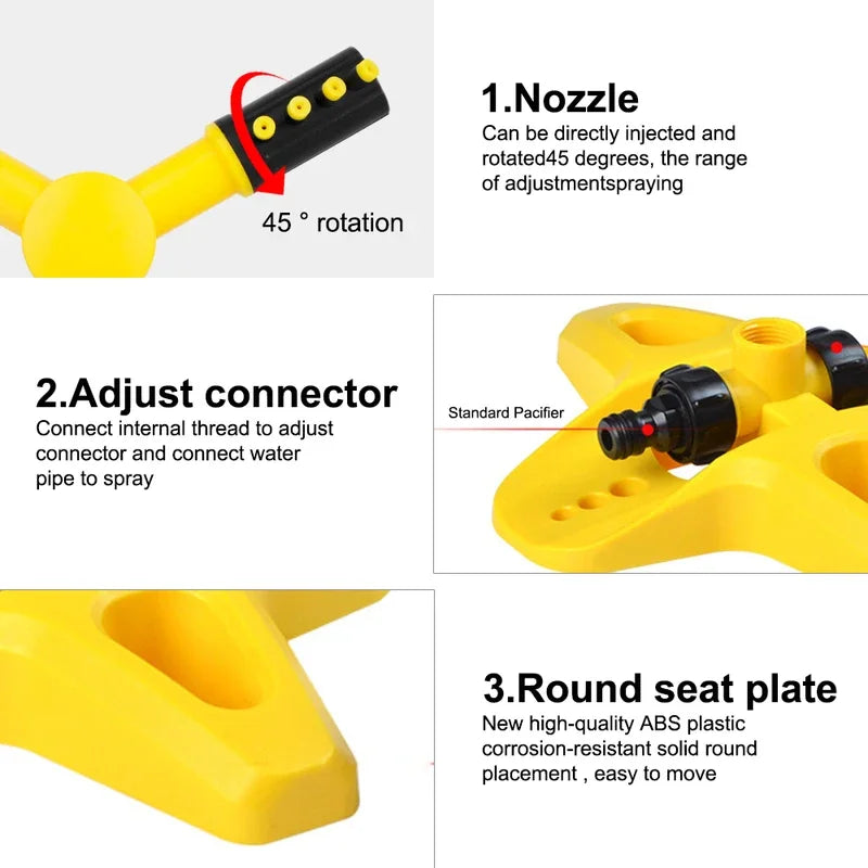 3-Arm Adjustable 360° Auto-Rotating Sprinkler System - Water-Saving Lawn Irrigation Garden Tool for Large Yards with Heavy Duty