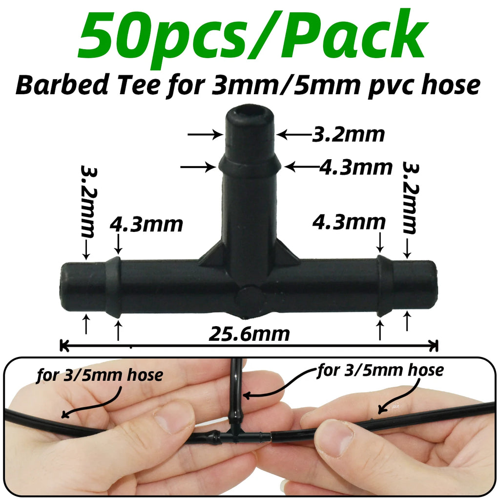 50pcs 1/8'' Barbed 3-Way Tee Connector for 3/5mm Micro Drip Irrigation Tubing Hose Couplings Watering Pipe Garden Tools