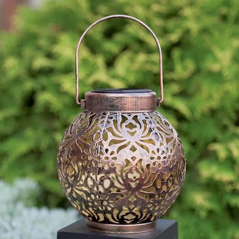Solar LED Hanging Lantern with Cut-Out Iron Design, 9 in