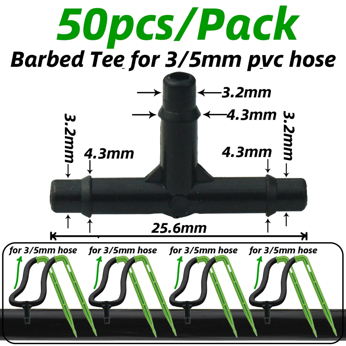 50pcs 1/8'' Barbed 3-Way Tee Connector for 3/5mm Micro Drip Irrigation Tubing Hose Couplings Watering Pipe Garden Tools