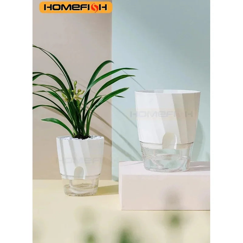 Transparent Double Layer Self Watering Planter, Automatic Water Absorbing Hydroponic Flower Pot for Office Decor