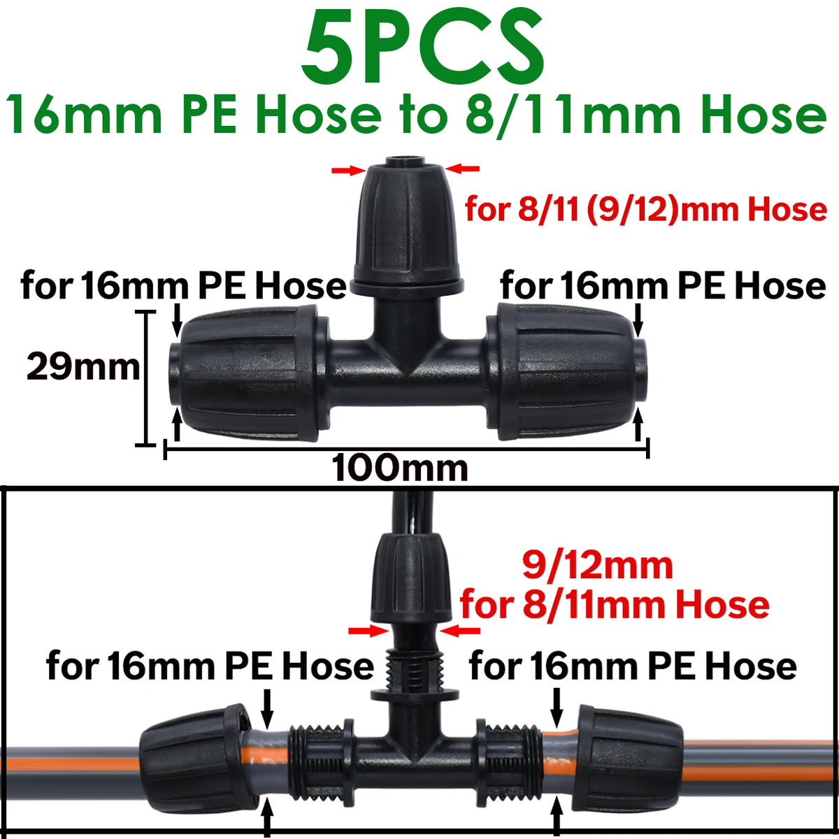 KESLA 5PCS 16mm 1/2'' PE Pipe Connector Splitter Tee Coupling Threaded Lock to 4/7mm 3/5mm Hose Garden Watering Drip Irrigation