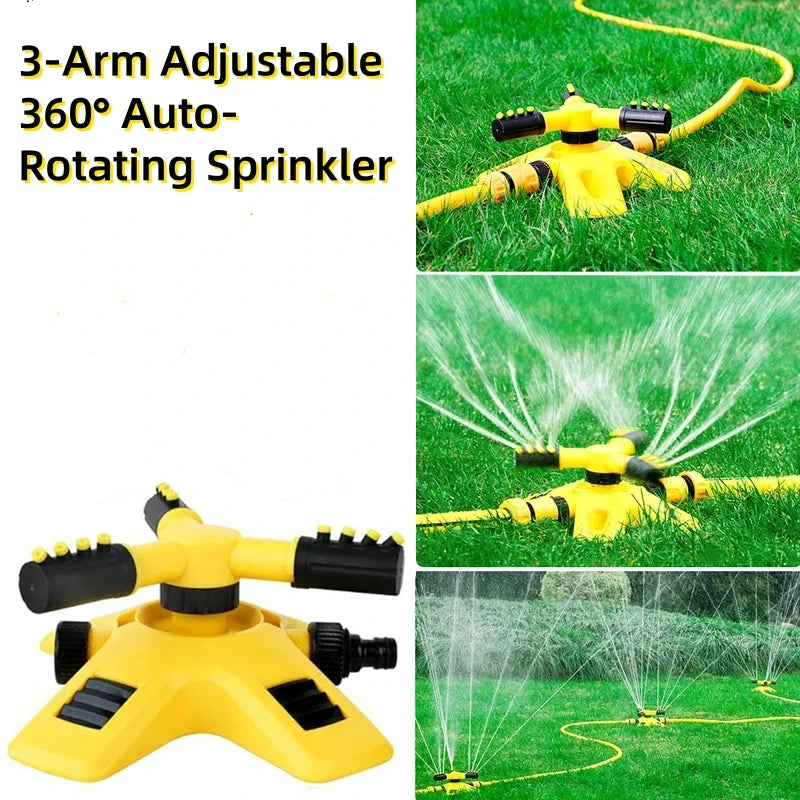 3-Arm Adjustable 360° Auto-Rotating Sprinkler System - Water-Saving Lawn Irrigation Garden Tool for Large Yards with Heavy Duty