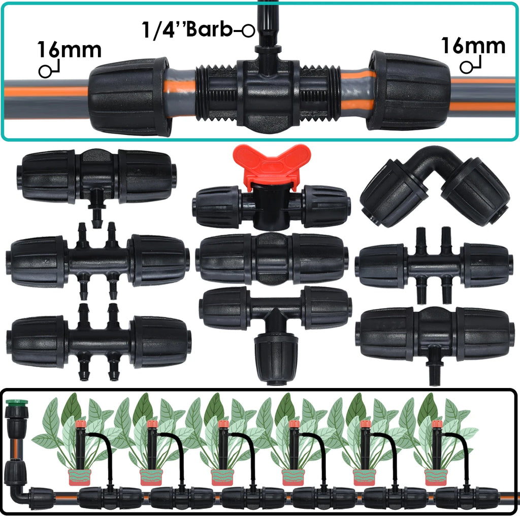 5PCS 16mm 1/2'' PE Pipe Connector Splitter Tee Coupling Threaded Lock to 4/7mm 3/5mm Hose Garden Watering Drip Irrigation
