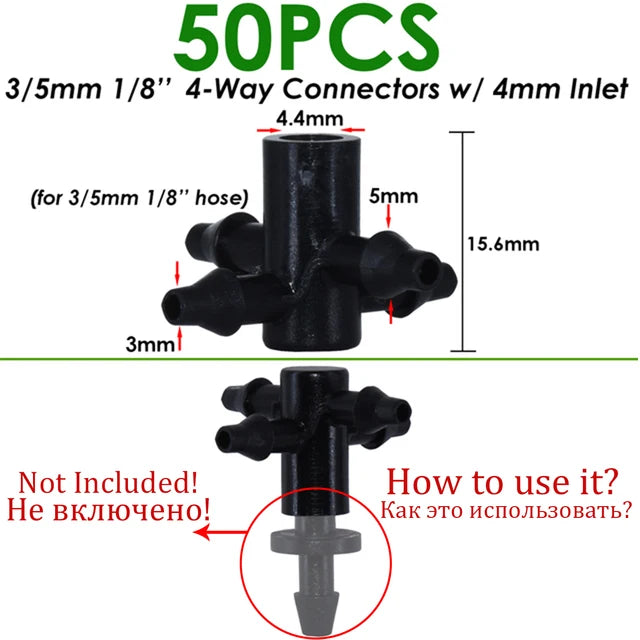 50pcs 1/8'' Barbed 3-Way Tee Connector for 3/5mm Micro Drip Irrigation Tubing Hose Couplings Watering Pipe Garden Tools