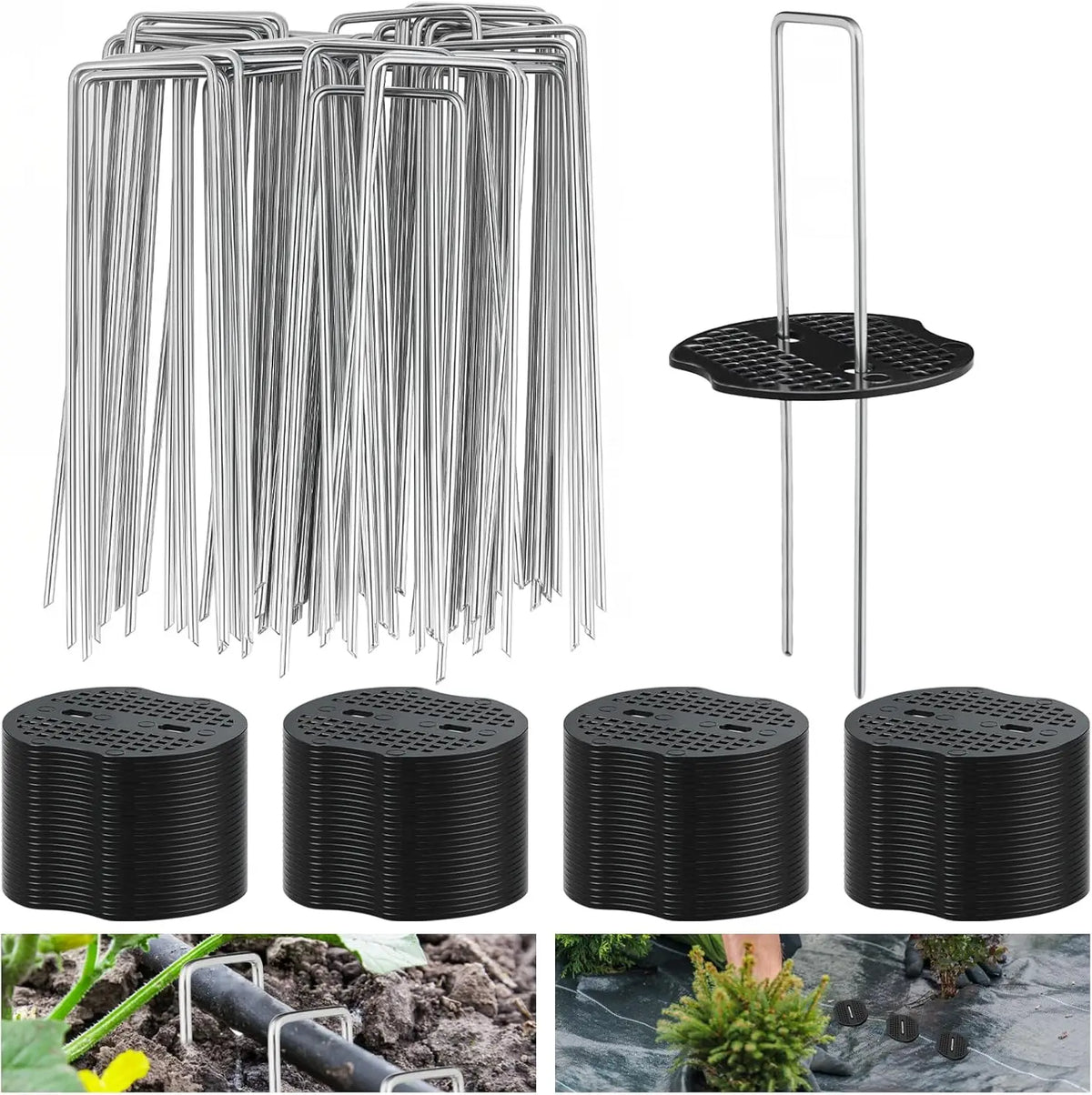 100-400Pcs U-shaped Ground Pegs with Buffer Washers Garden Pegs for Securing Weed Landscape Fabric Netting Garden Lawn Accessory