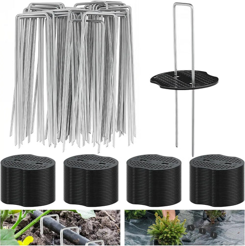 100-400Pcs U-shaped Ground Pegs with Buffer Washers Garden Pegs for Securing Weed Landscape Fabric Netting Garden Lawn Accessory