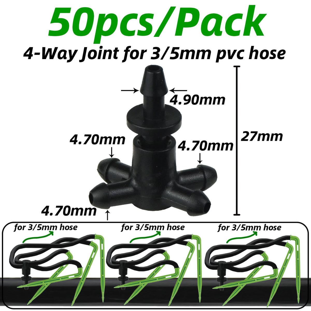 50pcs 1/8'' Barbed 3-Way Tee Connector for 3/5mm Micro Drip Irrigation Tubing Hose Couplings Watering Pipe Garden Tools
