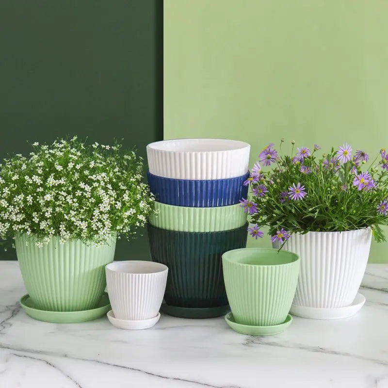 Round Plant Pot with Drainage Tray, 5 Sizes, 4 Colors