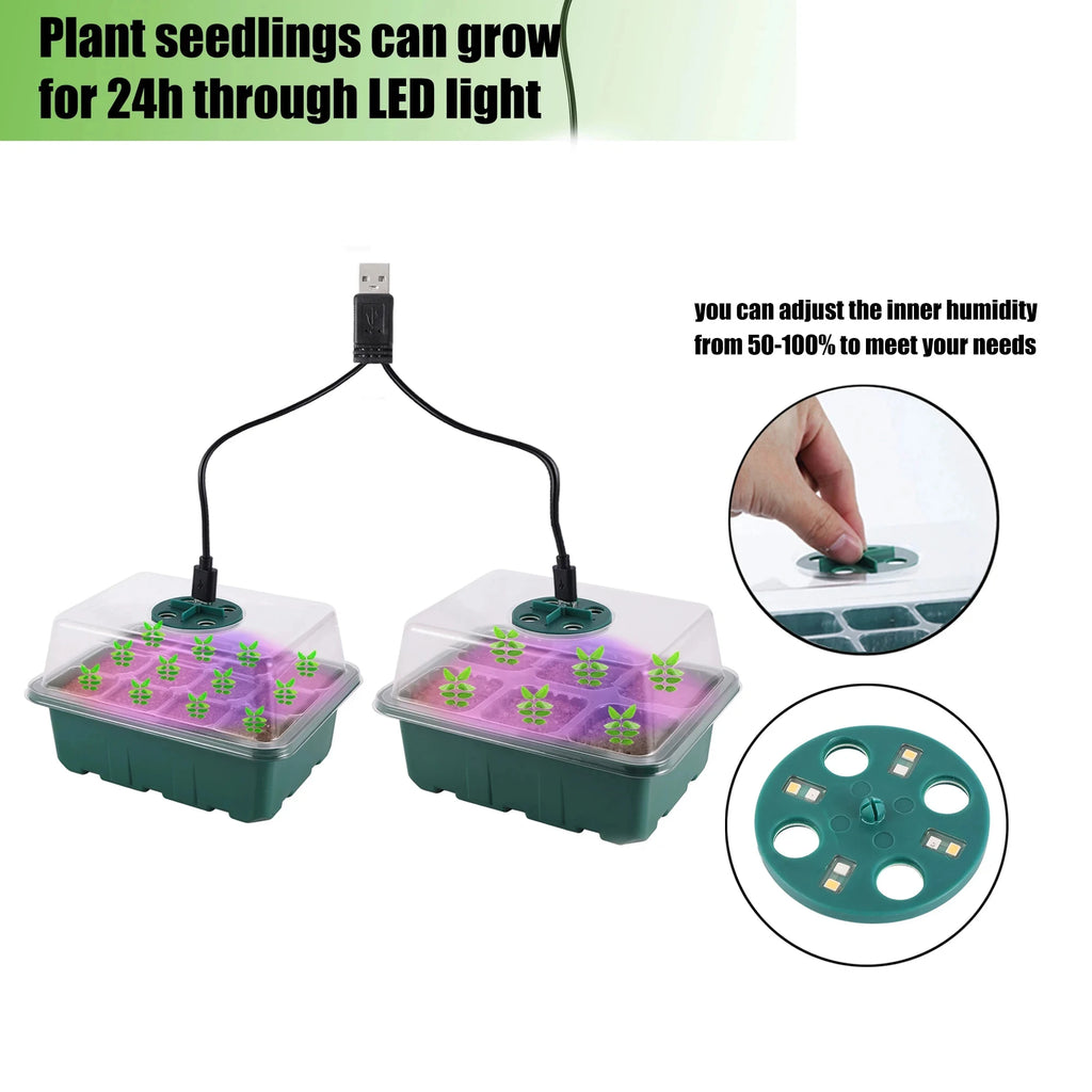 LED Grow Light Seed Starter Tray - 6/12/13 Cell Germination Nursery Box with Adjustable Ventilation And Humidity Cover for Seedl