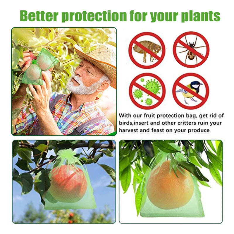 200Pcs Reusable Fruit Protection Net Bags Drawstring Green Gardening Pest Barrier Cover for Trees Vegetables Grapes Strawberries