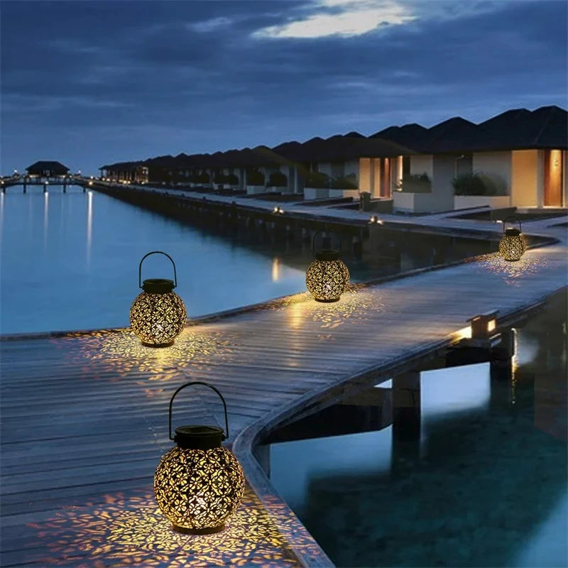 Solar LED Hanging Lantern with Cut-Out Iron Design, 9 in