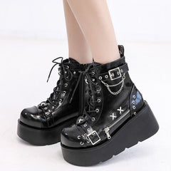 Goth Platform Ankle Boots Buckle Zip Rivet Punk Wedges High Heels Womens Boots Shoes