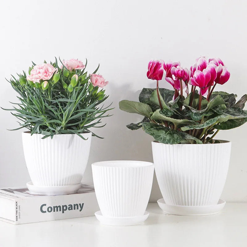 Round Plant Pot with Drainage Tray, 5 Sizes, 4 Colors