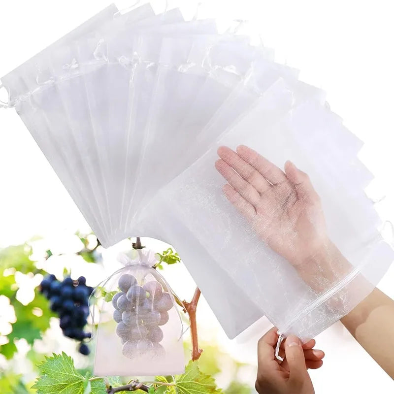 200Pcs Reusable Fruit Protection Net Bags Drawstring Green Gardening Pest Barrier Cover for Trees Vegetables Grapes Strawberries