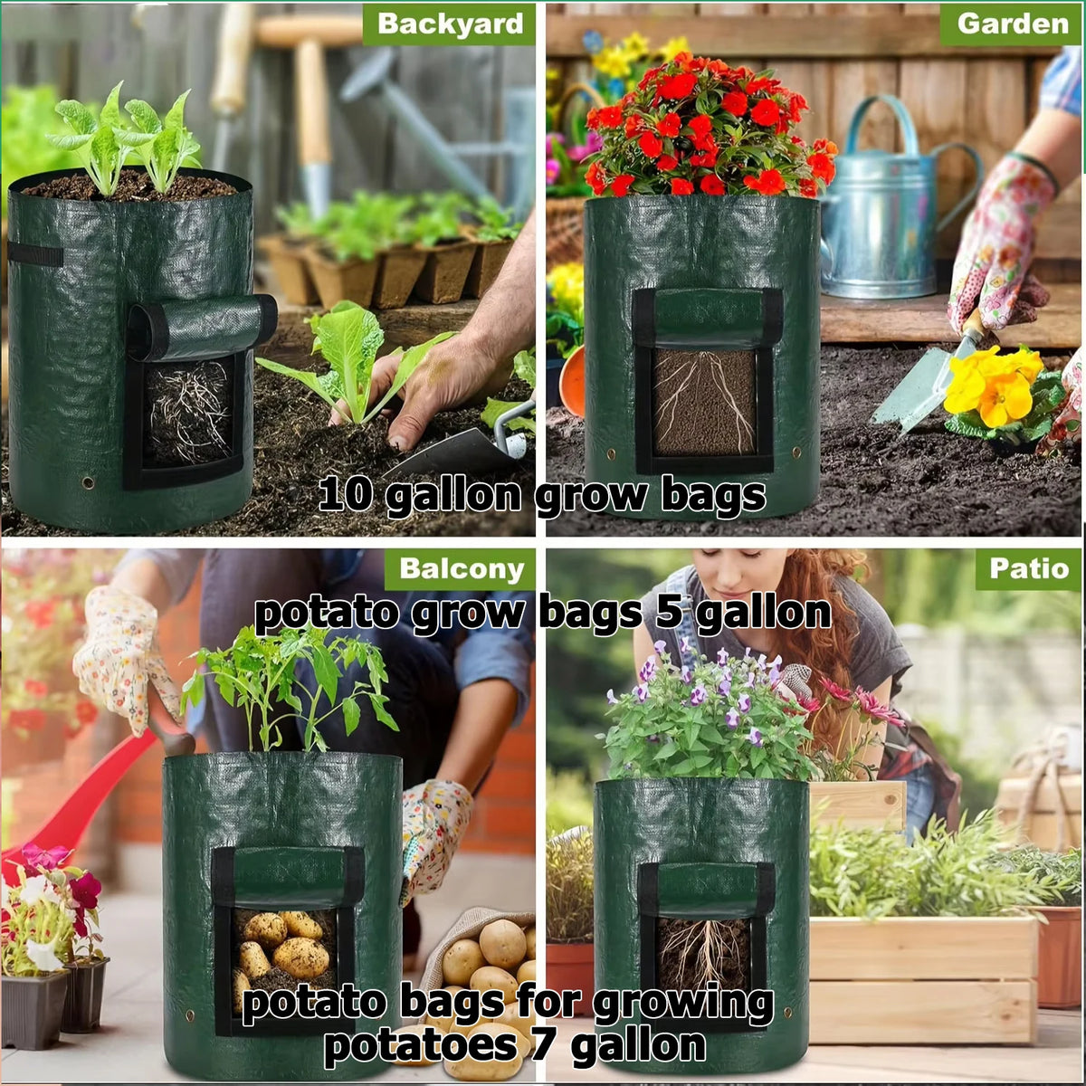 Fabric Grow Bags for Vegetables, 3, 7 or 10 Gallon, 2 or 5 Pack