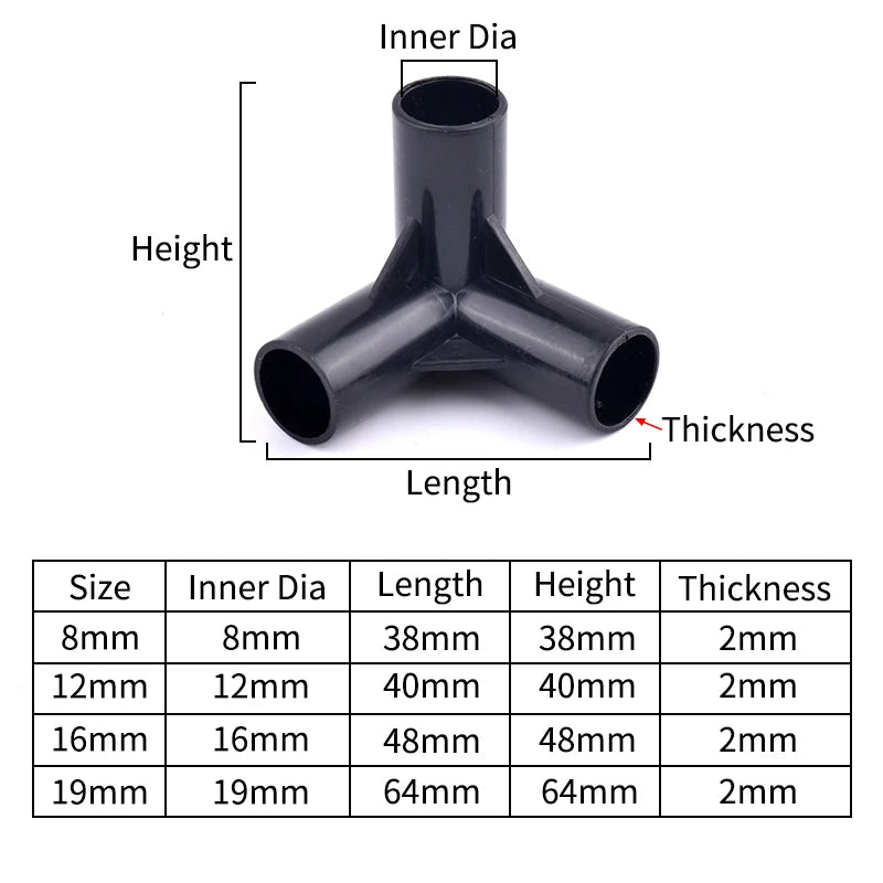 5Pcs Black Pipe Connector DIY Shelf Tent Fixed Connector Fittings I.D 8/12/16/19mm ABS Plastic Tee Four Way Elbow Straight Joint