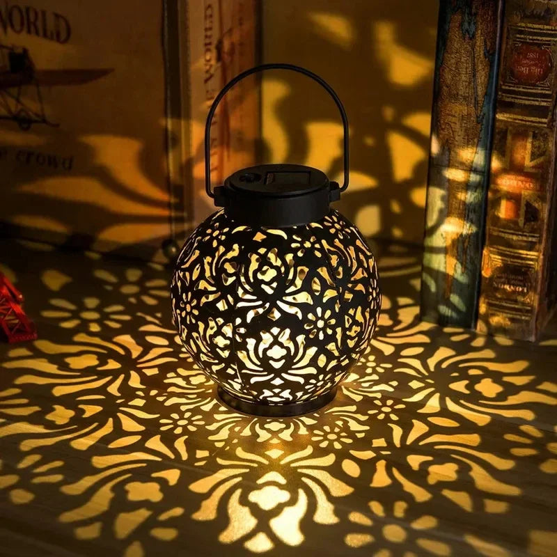 Solar LED Hanging Lantern with Cut-Out Iron Design, 9 in