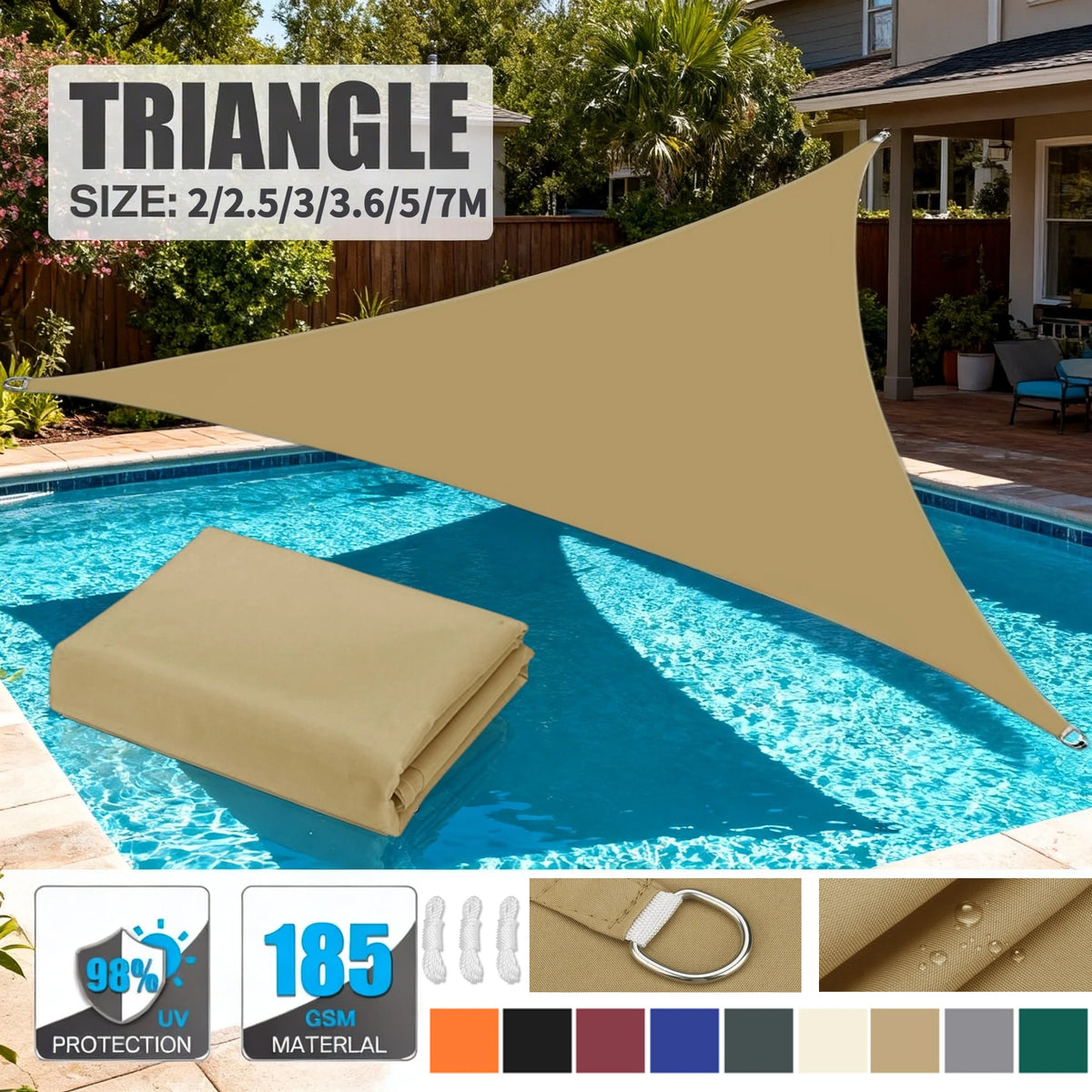 Triangle Shade Sail with Ropes, 2–7 m, Multiple Colors