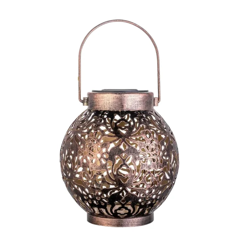 Solar LED Hanging Lantern with Cut-Out Iron Design, 9 in