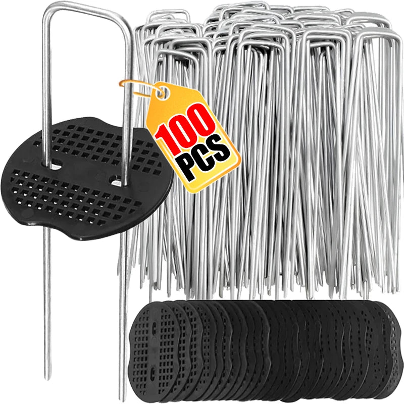 Galvanized Steel Landscape Staples with Plastic Pads, 10–100 Pack