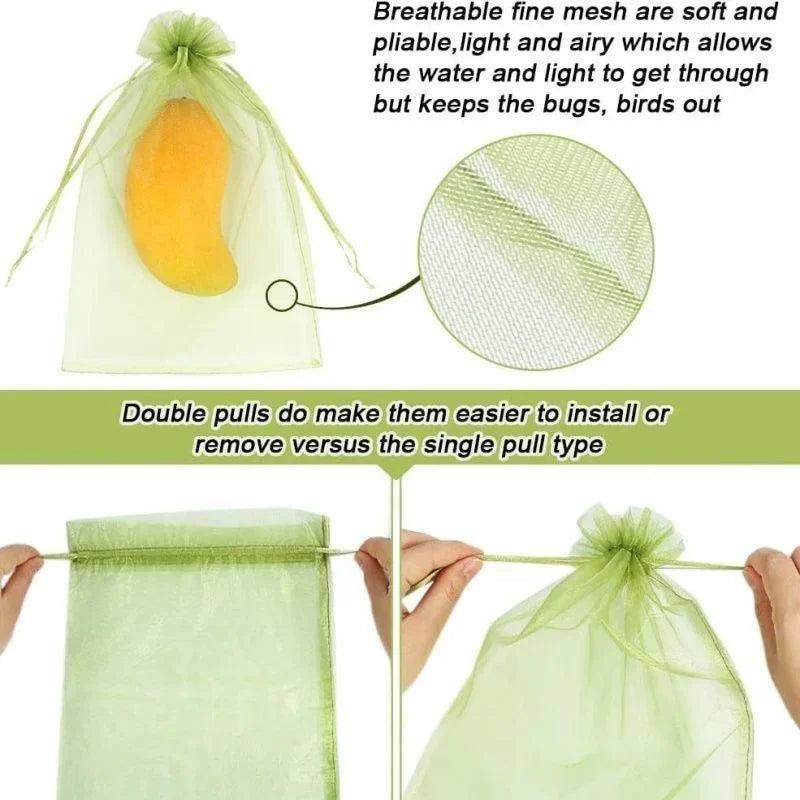 200Pcs Reusable Fruit Protection Net Bags Drawstring Green Gardening Pest Barrier Cover for Trees Vegetables Grapes Strawberries