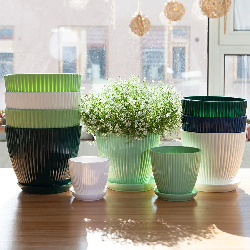 Round Plant Pot with Drainage Tray, 5 Sizes, 4 Colors