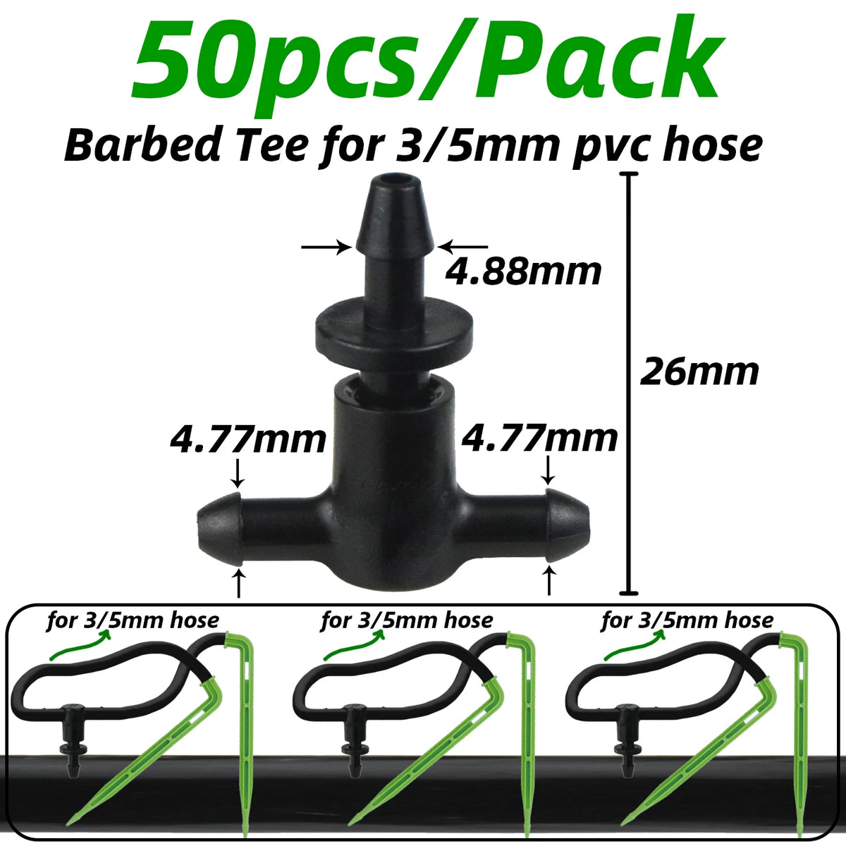 50pcs 1/8'' Barbed 3-Way Tee Connector for 3/5mm Micro Drip Irrigation Tubing Hose Couplings Watering Pipe Garden Tools