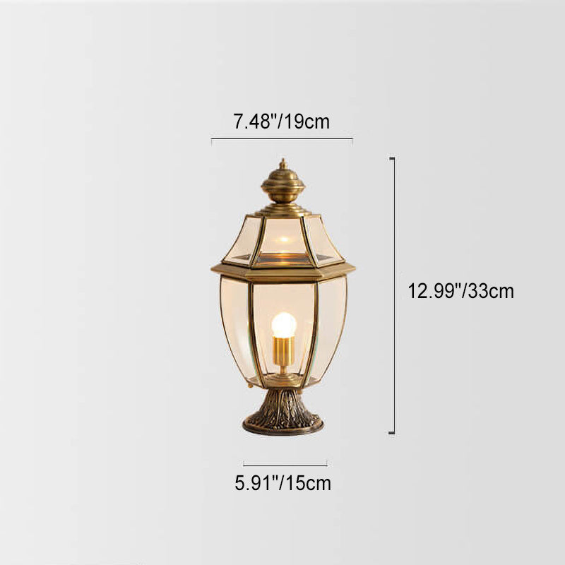 Farol de lujo europeo de cobre transparente con poste de vidrio de 1/3 de luz, resistente al agua, para patio y paisaje 