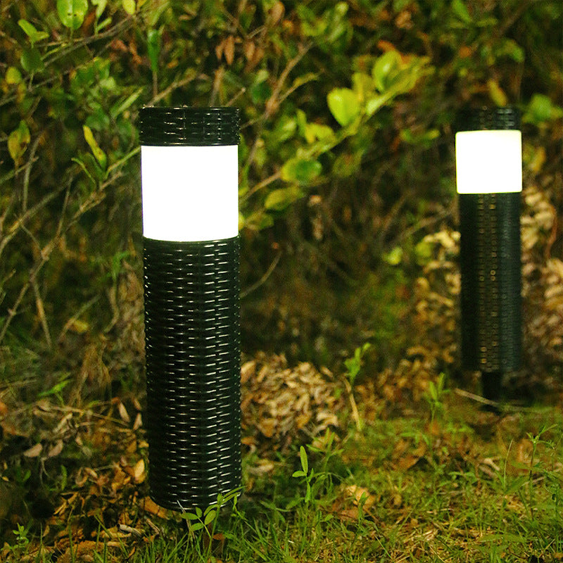 Foco LED cilíndrico de ratán solar para exteriores, para jardín, césped, suelo, paisaje 