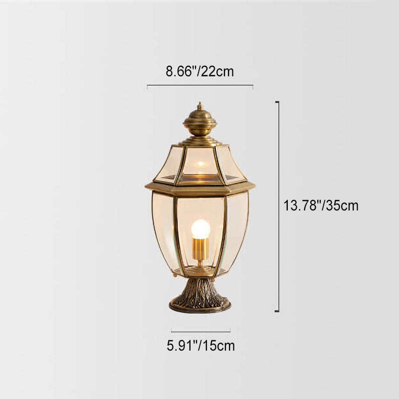 Farol de lujo europeo de cobre transparente con poste de vidrio de 1/3 de luz, resistente al agua, para patio y paisaje 