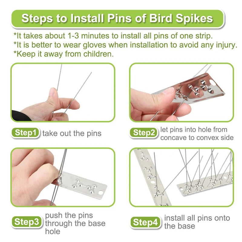 Stainless Steel Bird Spikes, 25, 33 or 50 cm, 5 or 10 Sets