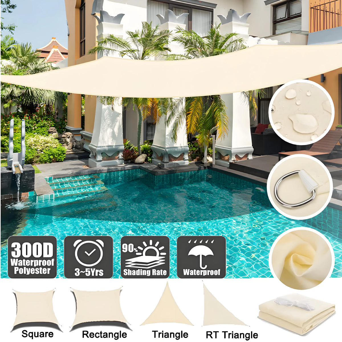 Shade Sail with Ropes, Rectangle, Square or Triangle, Sand or Beige