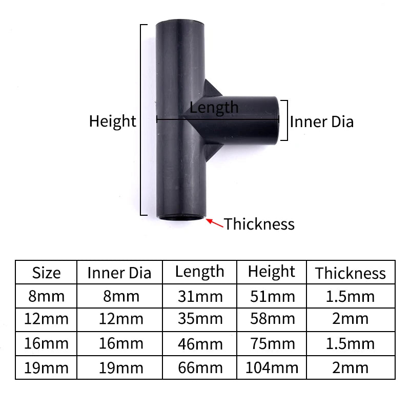 5Pcs Black Pipe Connector DIY Shelf Tent Fixed Connector Fittings I.D 8/12/16/19mm ABS Plastic Tee Four Way Elbow Straight Joint