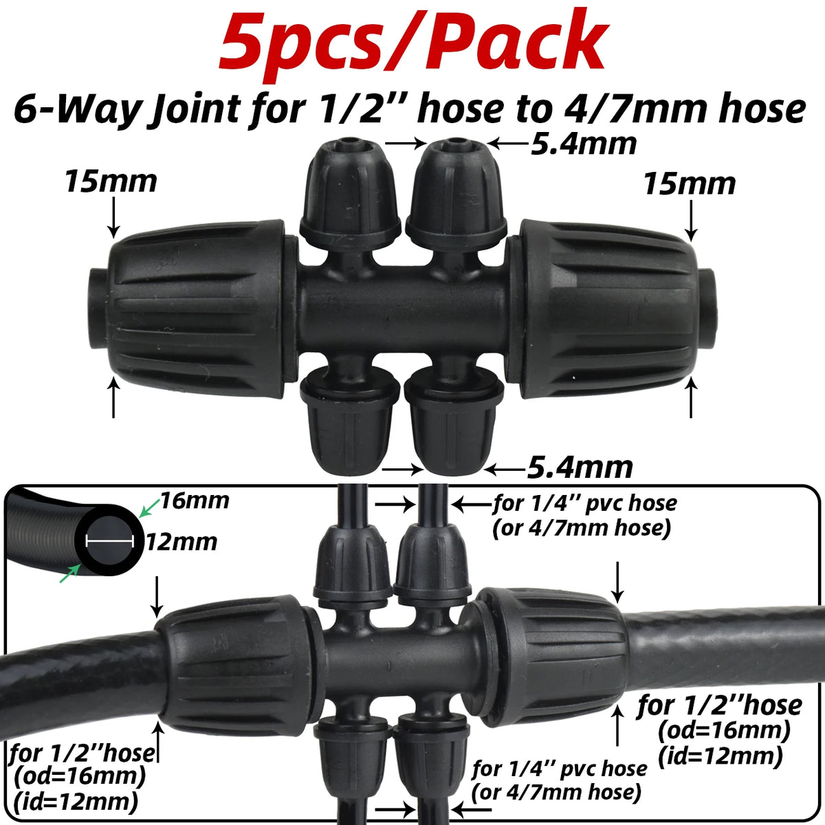 KESLA 5PCS 16mm 1/2'' PE Pipe Connector Splitter Tee Coupling Threaded Lock to 4/7mm 3/5mm Hose Garden Watering Drip Irrigation