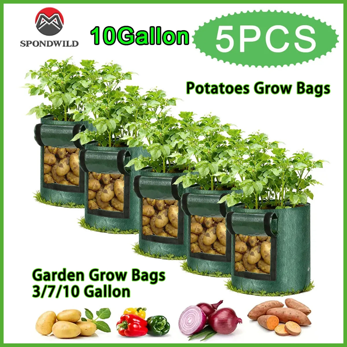 Fabric Grow Bags for Vegetables, 3, 7 or 10 Gallon, 2 or 5 Pack