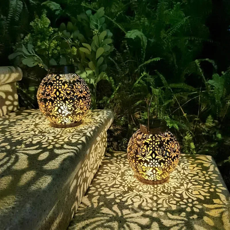 Solar LED Hanging Lantern with Cut-Out Iron Design, 9 in