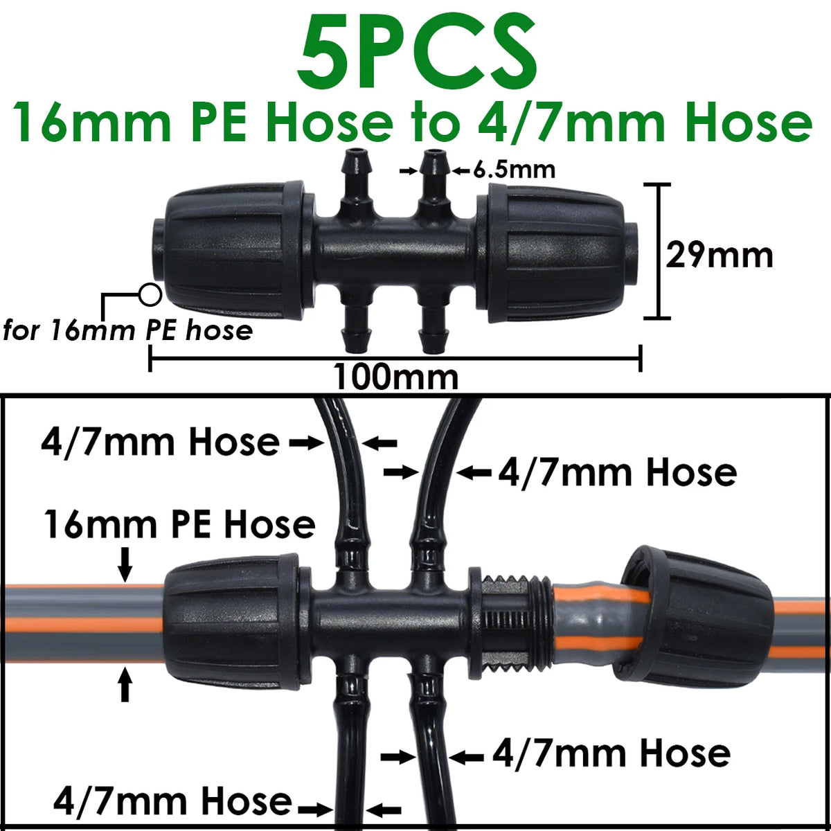 KESLA 5PCS 16mm 1/2'' PE Pipe Connector Splitter Tee Coupling Threaded Lock to 4/7mm 3/5mm Hose Garden Watering Drip Irrigation