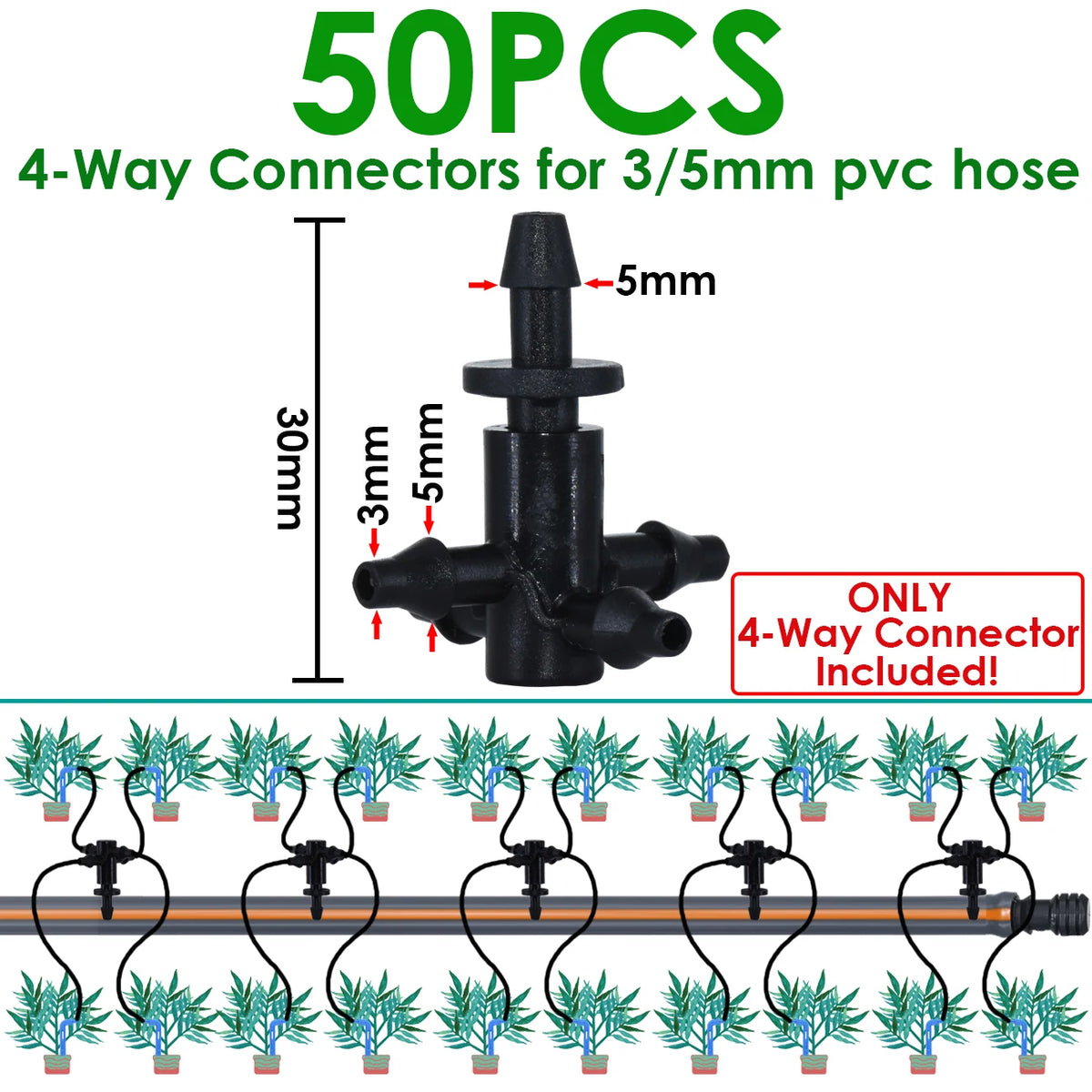 50pcs 1/8'' Barbed 3-Way Tee Connector for 3/5mm Micro Drip Irrigation Tubing Hose Couplings Watering Pipe Garden Tools