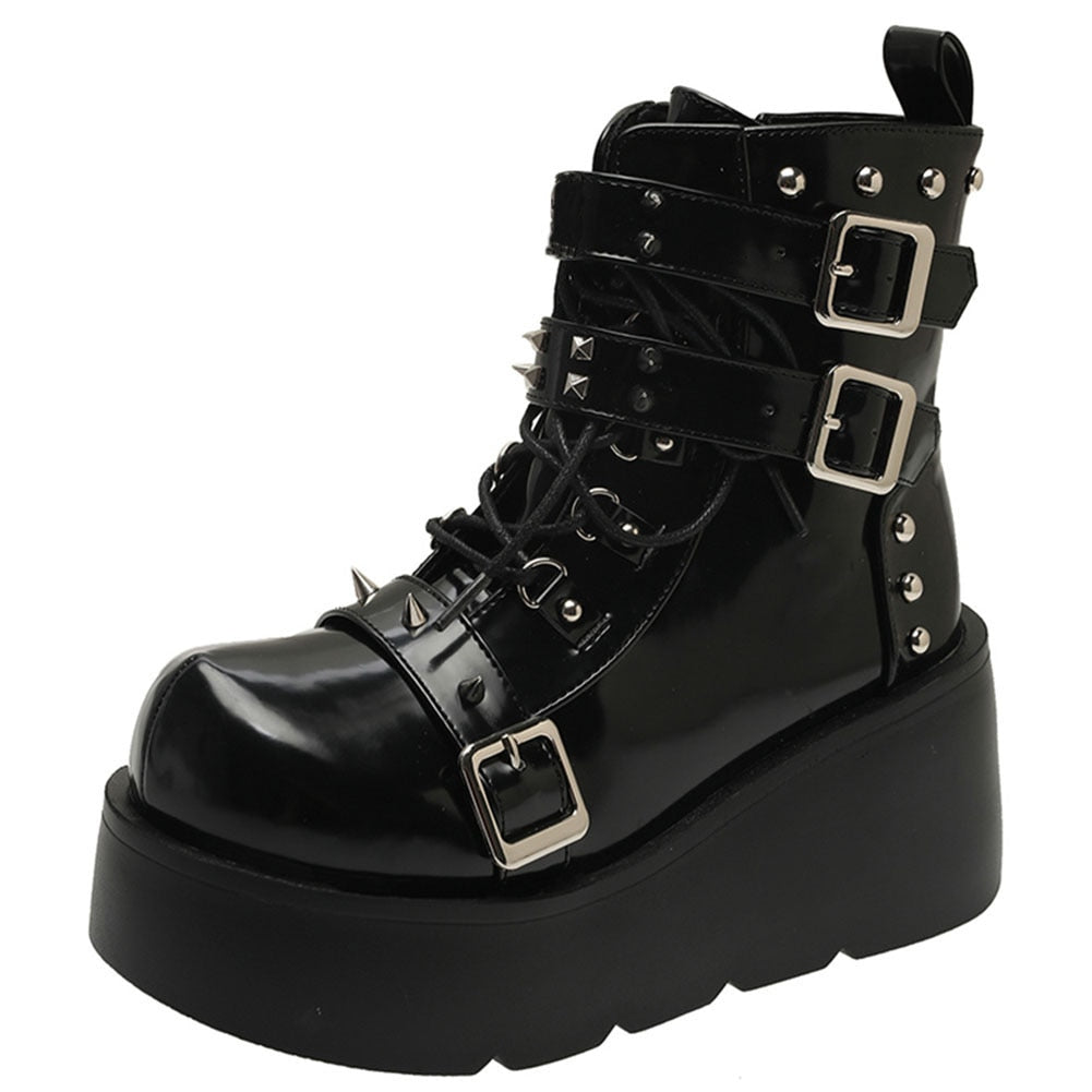 Goth Platform Ankle Boots Buckle Zip Rivet Punk Wedges High Heels Womens Boots Shoes