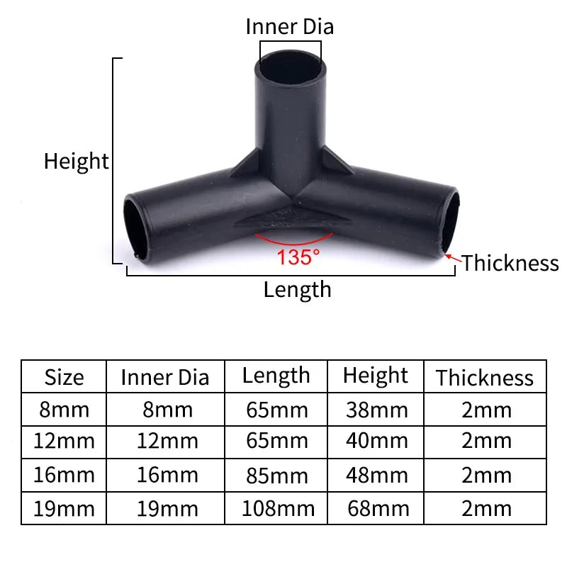 5Pcs Black Pipe Connector DIY Shelf Tent Fixed Connector Fittings I.D 8/12/16/19mm ABS Plastic Tee Four Way Elbow Straight Joint