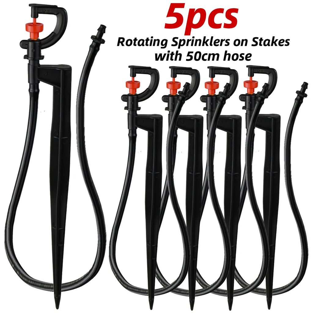 KESLA 5pc 360° Rotating Micro Watering Irrigation Sprinkler Sprayer on 20cm Stake 1/4" Barb Connector Lawn Farm Greenhouse Plant