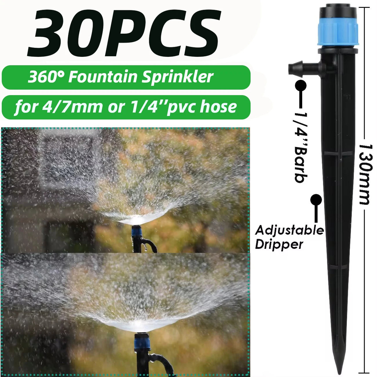 Adjustable 360° Spike Sprinklers for 4/7 mm Tubing, 30 Pack