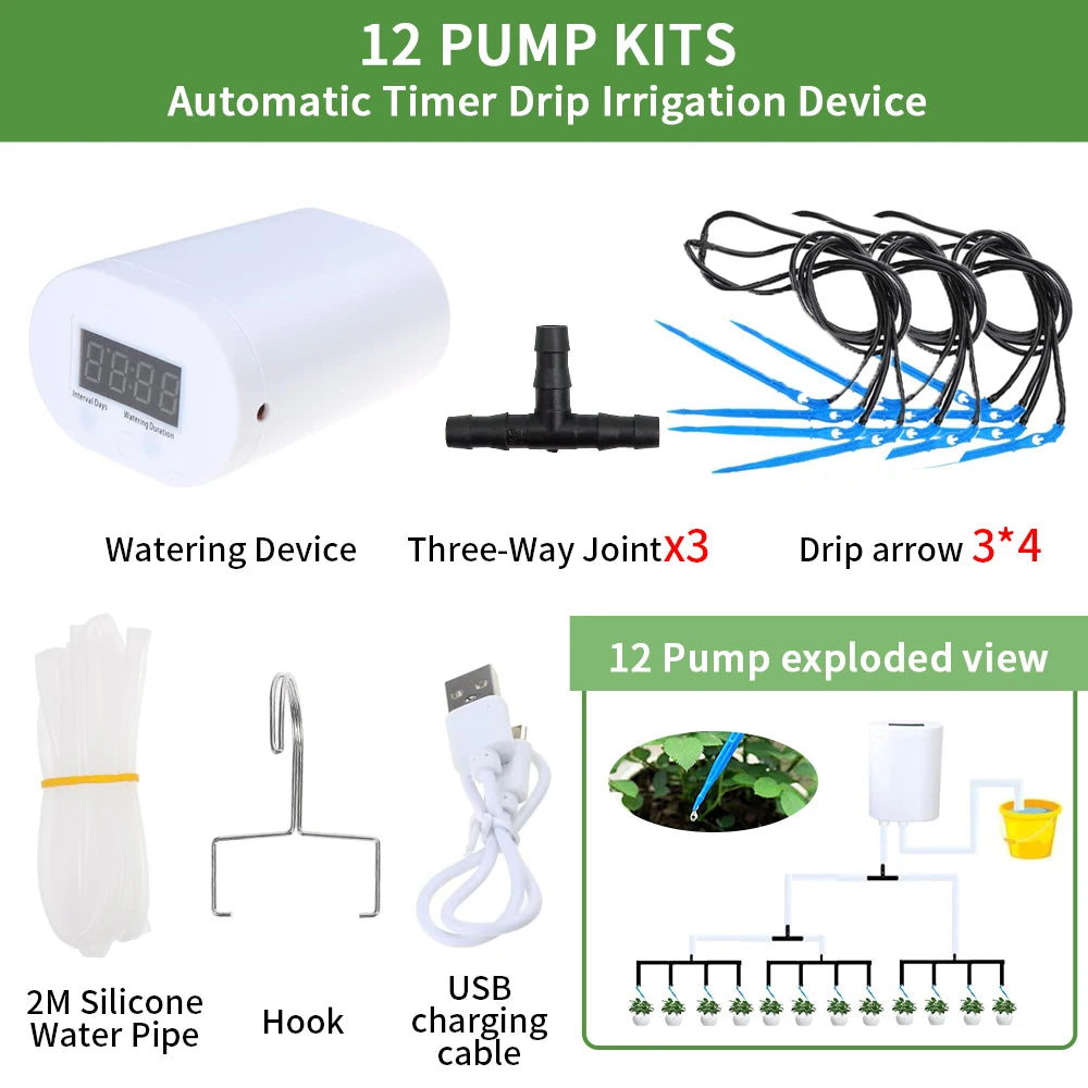 Automatic Plant Flower Watering Pump Home Sprinkler Drip Irrigation Device 2/4/8/16 Heads Pump Timer System Kit Garden Tool