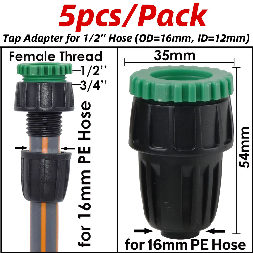 5PCS 16mm 1/2'' PE Pipe Connector Splitter Tee Coupling Threaded Lock to 4/7mm 3/5mm Hose Garden Watering Drip Irrigation