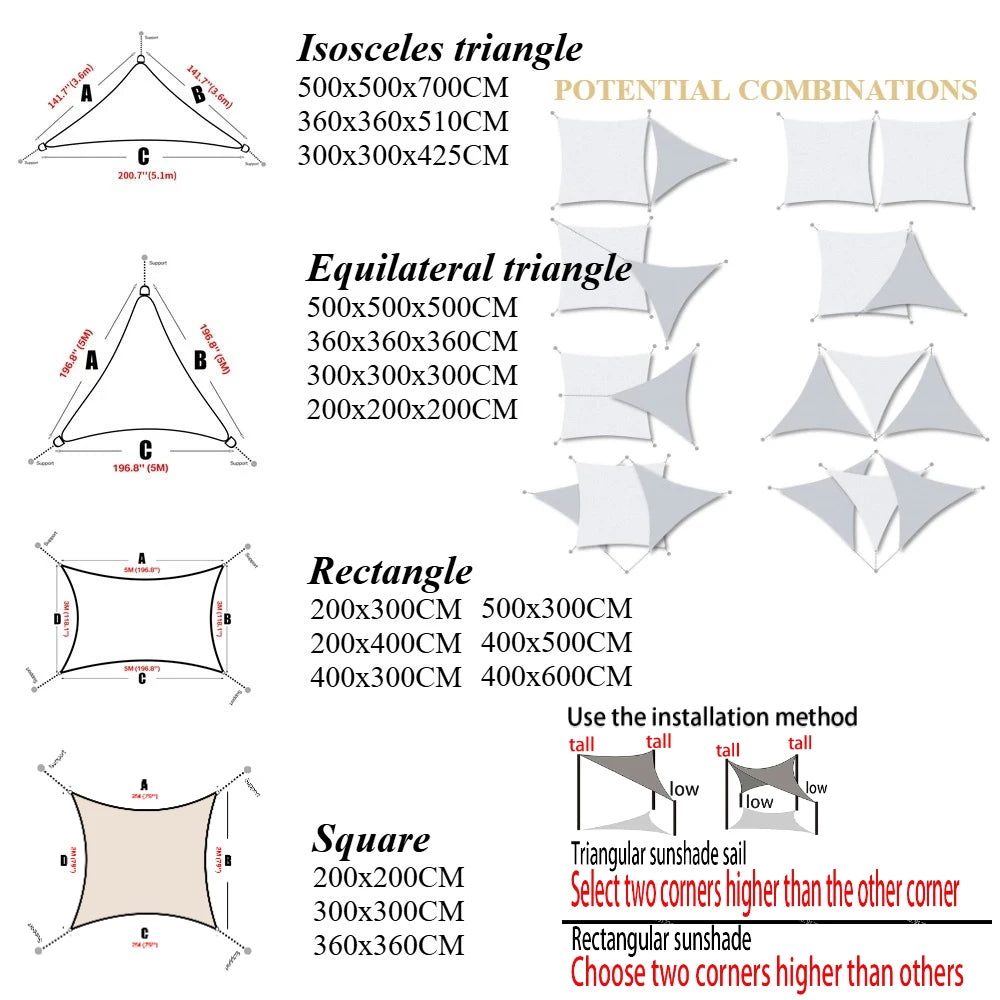 Shade Sail with Ropes, Rectangle, Square or Triangle, Sand or Beige