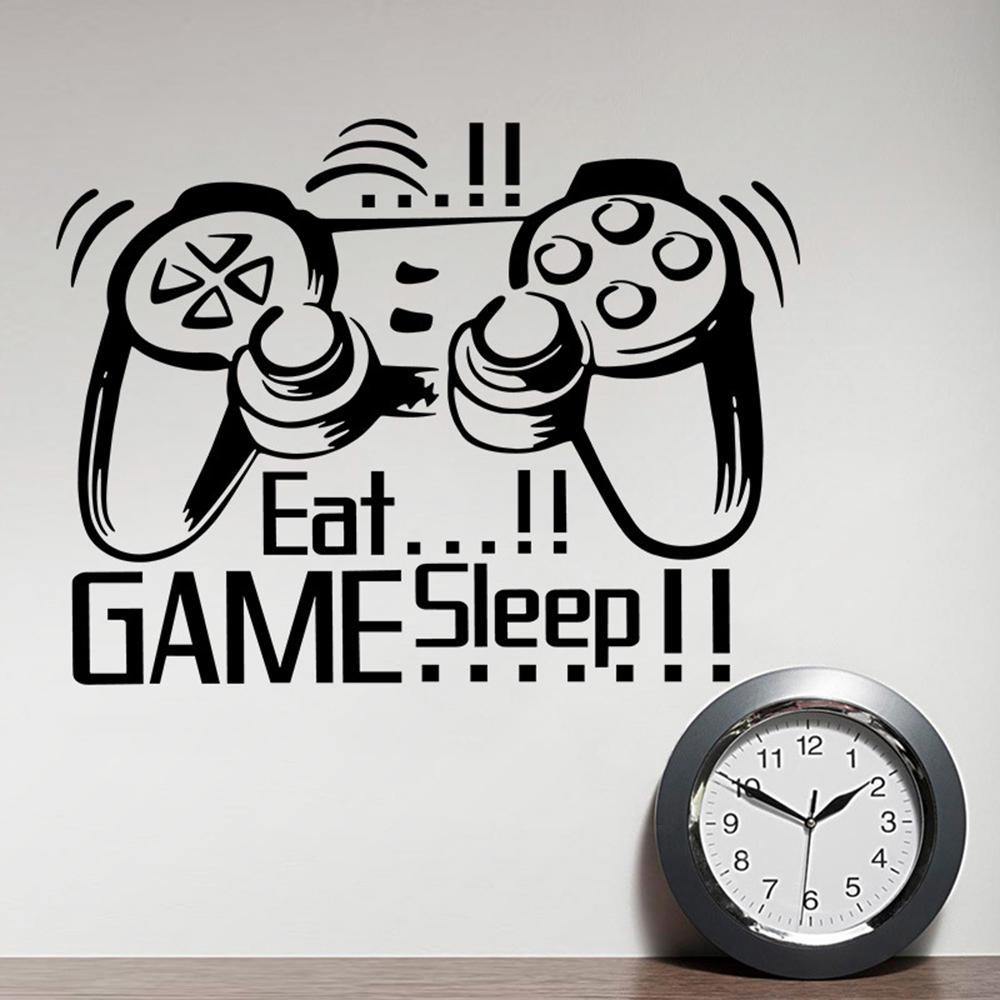 Creative Art Game Handle Wall Stickers "EAT SLEEP GAME" Black Vinyl Removable Printed Game Lovers Bedroom Wall Stickers Hot Play Game Handle Living Room Bedroom Personality Decoration Wall Stickers